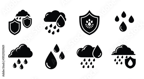 Black and white icons depicting weather rain and protective shields