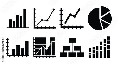 Collection of black silhouette icons representing various data charts and graphs