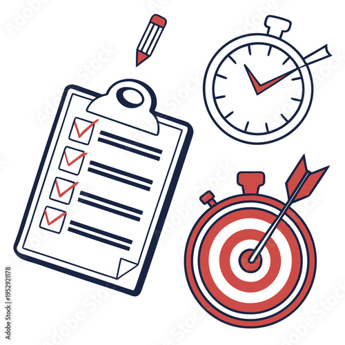 Business productivity icons: checklist, stopwatch, target, and pencil, white background
