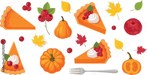 Autumn Pumpkin Pie Dessert Vector Set with Fall Leaves, Cranberries, Apples, Pumpkin Slices, and Thanksgiving Sweet Bakery Food Illustration Collection