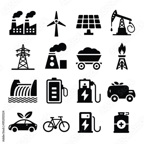 Various energy sources and power generation icons in a black and white style