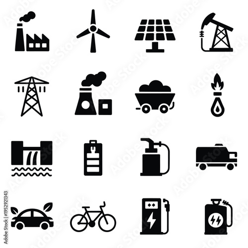 Diverse energy sources and power generation icons in a black and white style