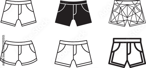 Varied styles of men's boxer shorts and briefs illustrated in line art