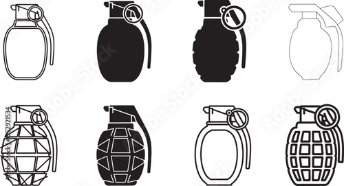 Various designs of grenades and handheld explosive devices in silhouette form