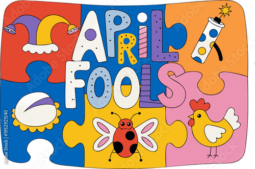 A colorful puzzle piece graphic with the words 'April Fools' and various playful illustrations