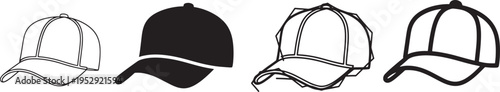 Four different styles of baseball caps shown in black and white line drawings