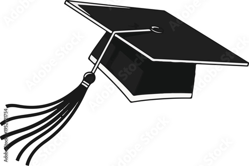A black graduation cap with a tassel on a white background