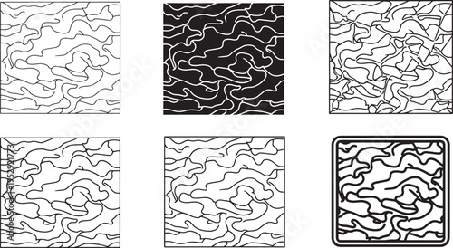 Variations of abstract maze-like patterns with differing line weights and contrasts
