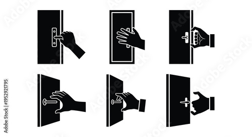 Black and white icons depicting hands interacting with doors