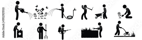 “Gardening work icon set with tools, plants, and outdoor maintenance symbols”