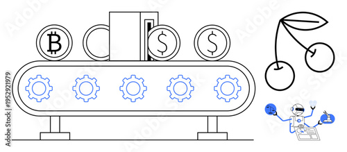 Cryptocurrency, automation, fintech, blockchain transactions, digital economy, robotics. Conveyor with Bitcoin and Dollar coins, robot cherries. Cryptocurrency and automation