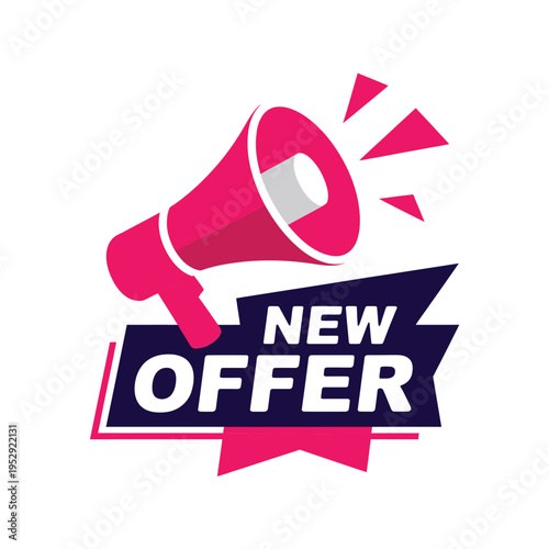 A vibrant pink megaphone announces a new offer on a dark blue banner