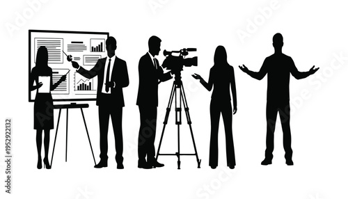 A group of people in business attire standing around a presentation board