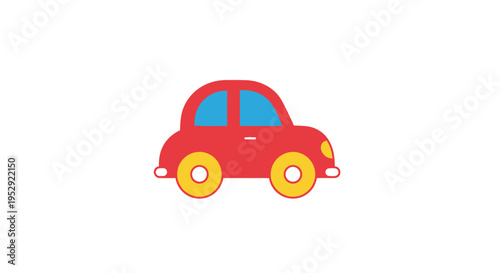 Cute red cartoon car with blue windows and yellow wheels on white background