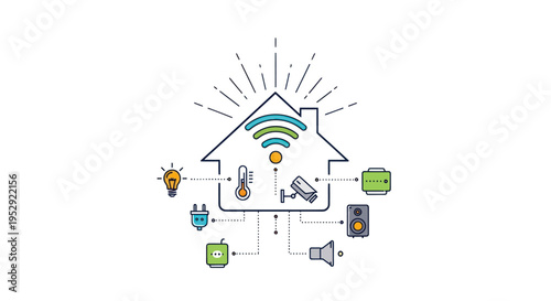 Smart Home Technology Icons Connected to House Outline with Wi-Fi Signal