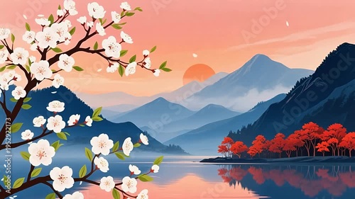 Cherry branches and autumn forest at sunset