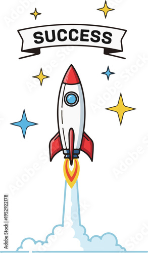A cartoon rocket ship blasting off into the sky with a success banner