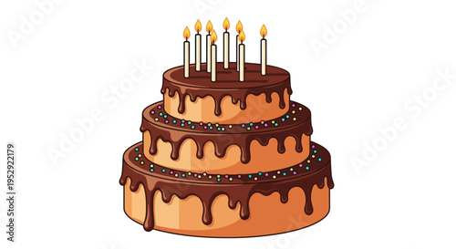 Multi-tier chocolate birthday cake with lit candles and sprinkles on white background