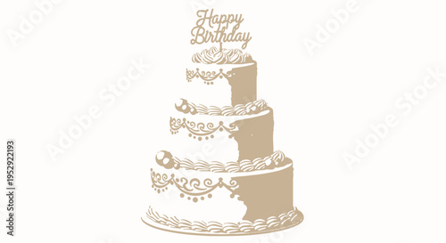 Elegant Multi-Tiered Birthday Cake with "Happy Birthday" Topper, White Background