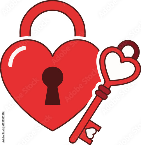A red heart-shaped padlock with a matching heart-shaped key on a white background