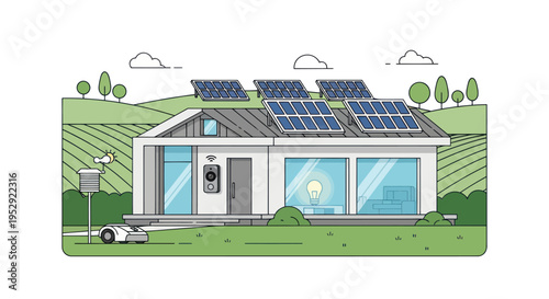 Modern eco-friendly house with solar panels on roof, smart home technology, surrounded by green landscape.