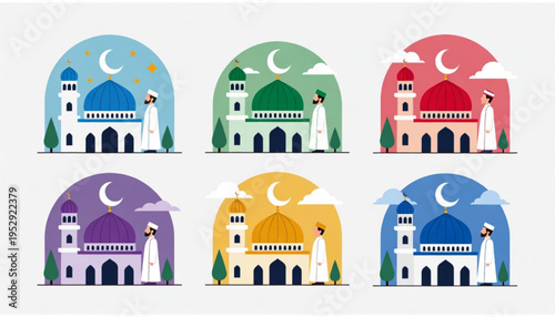 A set of Islamic worship themed icon illustrations with a plain background. 