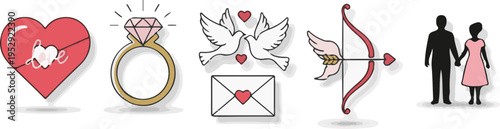 A collection of Valentine's Day themed icons and symbols on a white background