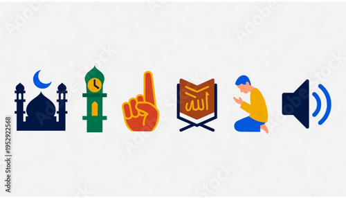 A set of Islamic worship themed icon illustrations with a plain background. 