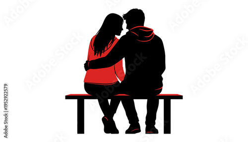 Couple sitting on a bench in a romantic silhouette illustration