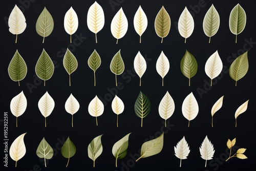 A collection of various types of leaves displayed against a black backdrop. Suitable for nature-themed projects or as decorative elements.