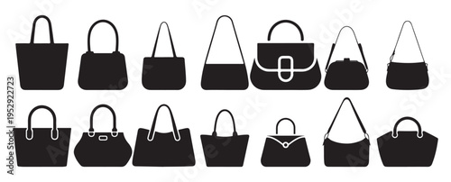 Women's fashion handbag silhouettes, black purse and tote bag icons. vector illustration eps 10