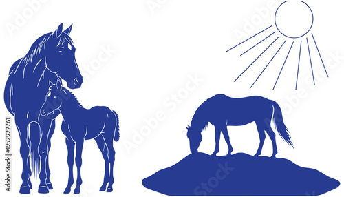Horse silhouette illustration with foal and sun on white background