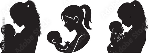 Artistic vector illustration of a mother holding her child in a silhouette of a girl with long hair and a woman sharing a heart-filled hug of love and family happiness