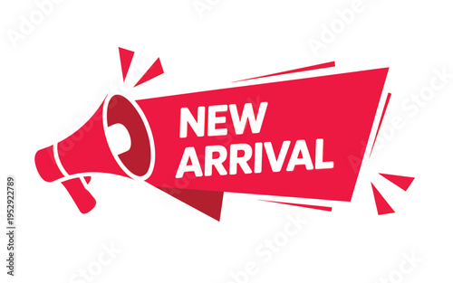 A red megaphone graphic announces a new arrival with bold white lettering