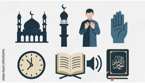 A set of Islamic worship themed icon illustrations with a plain background. 