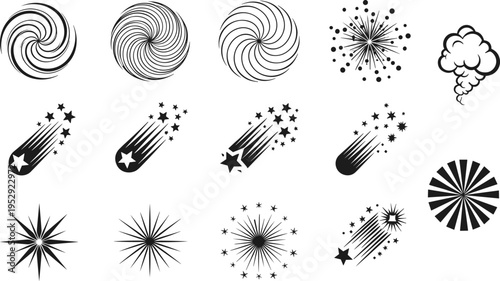Abstract swirl, starburst and shooting stars silhouette set, dynamic motion effects collection, radial shapes, sparkle elements, decorative design graphics isolated on white background
