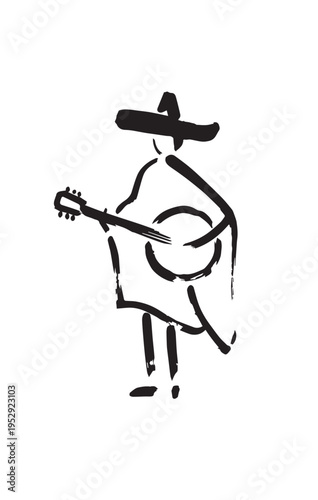 A minimalist black and white line drawing of a person wearing a sombrero and playing a banjo