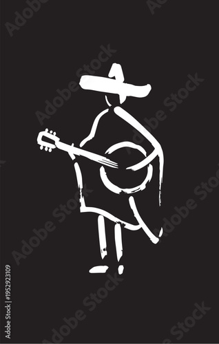 A minimalist white line drawing of a person wearing a sombrero and playing a guitar on black