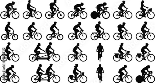 Cyclist silhouette collection isolated on white background, bicycle riders set, road and city cycling poses, sport activity, commuting lifestyle, vector illustration bundle