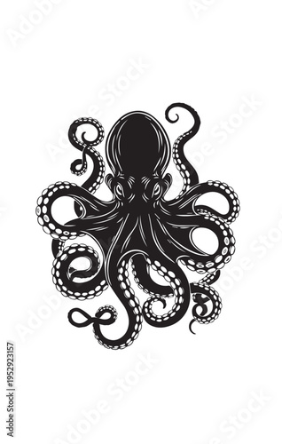 A detailed black and white artistic illustration of a stylized octopus with intricate patterns