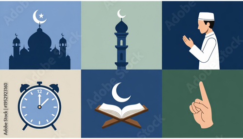 A set of Islamic worship themed icon illustrations with a plain background. 
