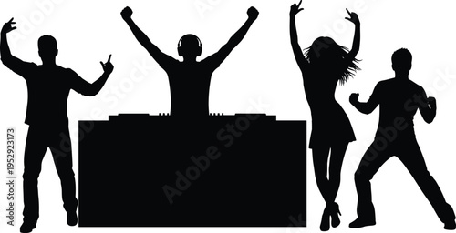 DJ and dancing people silhouette isolated on white background, music party scene, nightclub crowd, entertainment event, energetic dance poses, vector illustration bundle