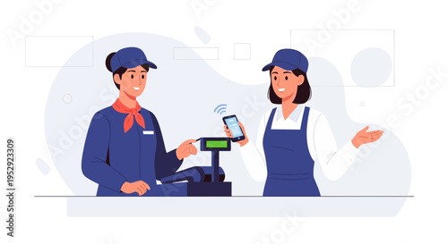 Contactless Payment at Checkout: Cashier and Customer Using Smartphone for NFC Transaction