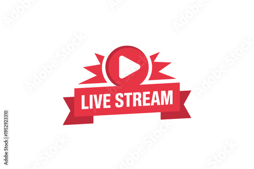 A vibrant red live stream graphic featuring a play button and ribbon