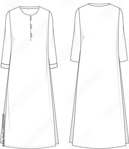 Women’s Long Straight Kurta Dress Technical Flat Sketch Front and Back View Minimal Apparel Design Template