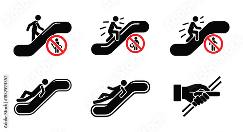Prohibition signs depicting unsafe escalator and pedestrian behaviors