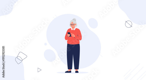 Elderly woman using smartphone, modern illustration, technology concept