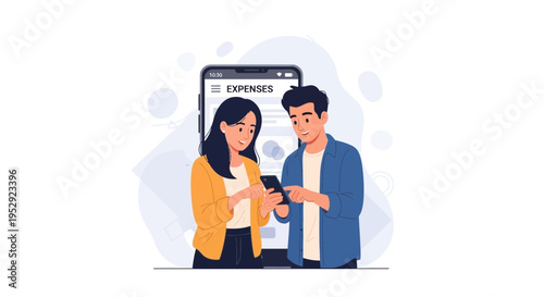 Couple Managing Expenses on Mobile App, Financial Planning and Budgeting Concept