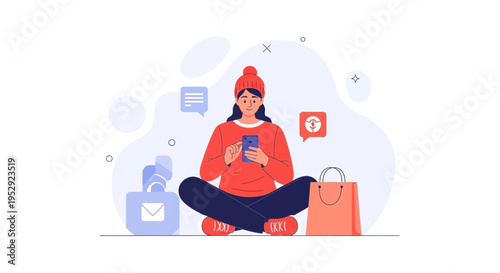 Woman Using Smartphone for Online Shopping and Communication, Flat Illustration