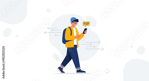 Young man with backpack using smartphone with P2P message on screen, walking outdoors